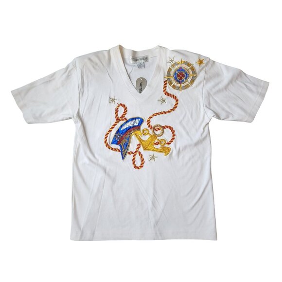 Vintage Nautical Embroidered Tee White Beaded Anchor Compass Rope Shirt Medium - Picture 1 of 4